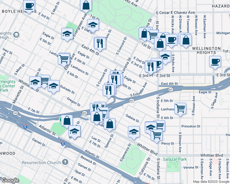 map of restaurants, bars, coffee shops, grocery stores, and more near 517 South Lorena Street in Los Angeles