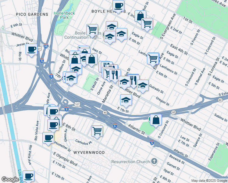 map of restaurants, bars, coffee shops, grocery stores, and more near 2750 Whittier Boulevard in Los Angeles