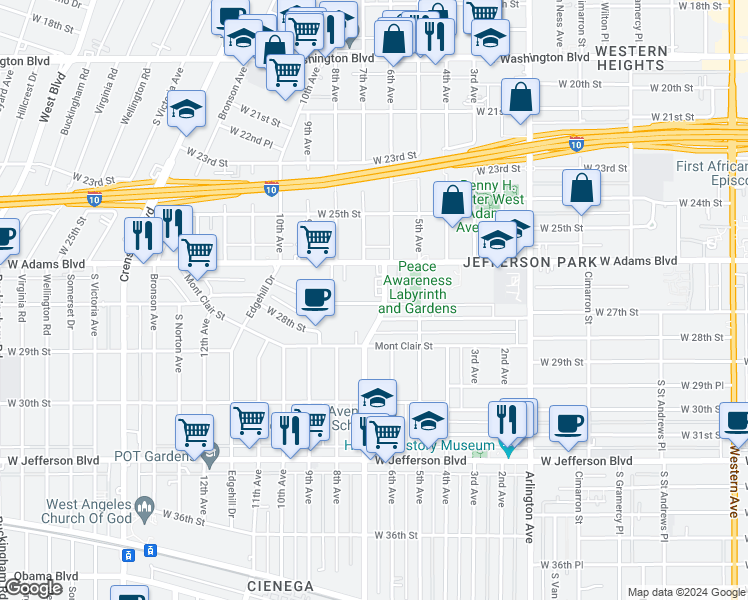 map of restaurants, bars, coffee shops, grocery stores, and more near 3616 West Adams Boulevard in Los Angeles