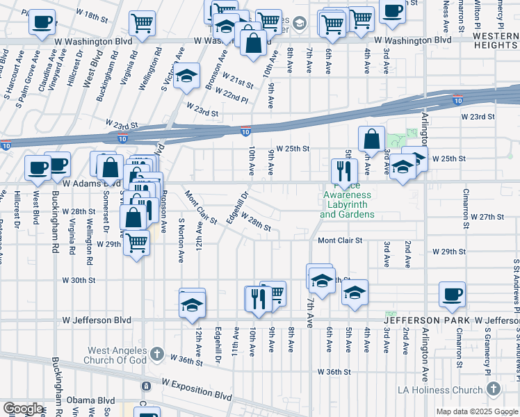 map of restaurants, bars, coffee shops, grocery stores, and more near 3908 West Adams Boulevard in Los Angeles