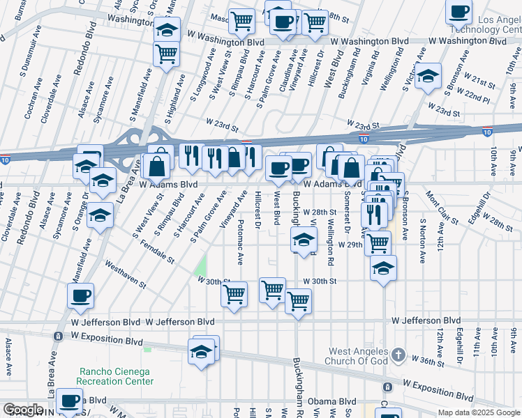 map of restaurants, bars, coffee shops, grocery stores, and more near in Los Angeles