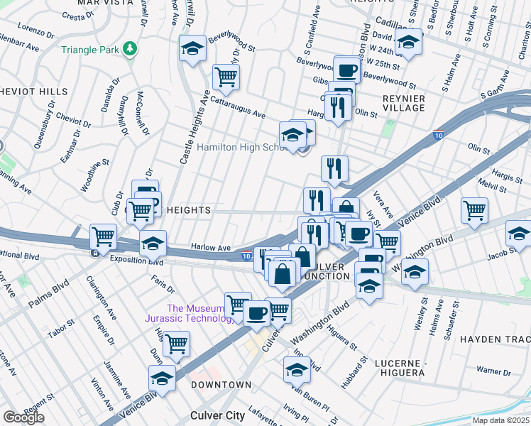 map of restaurants, bars, coffee shops, grocery stores, and more near 3139 South Durango Avenue in Los Angeles