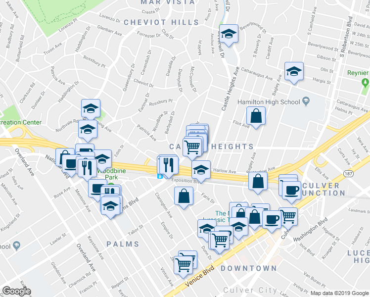 map of restaurants, bars, coffee shops, grocery stores, and more near 3330 Club Drive in Los Angeles