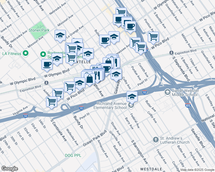 map of restaurants, bars, coffee shops, grocery stores, and more near 11646 West Pico Boulevard in Los Angeles