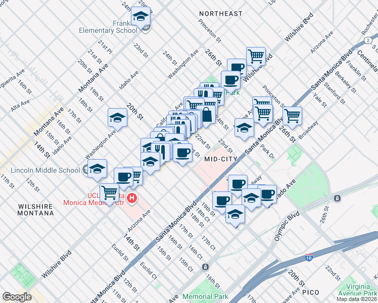 map of restaurants, bars, coffee shops, grocery stores, and more near in Santa Monica