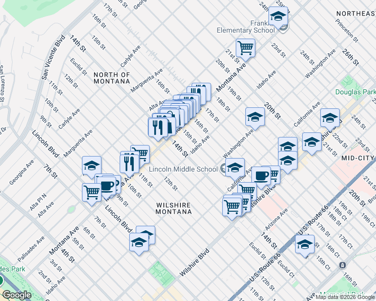 map of restaurants, bars, coffee shops, grocery stores, and more near 828 15th Street in Santa Monica