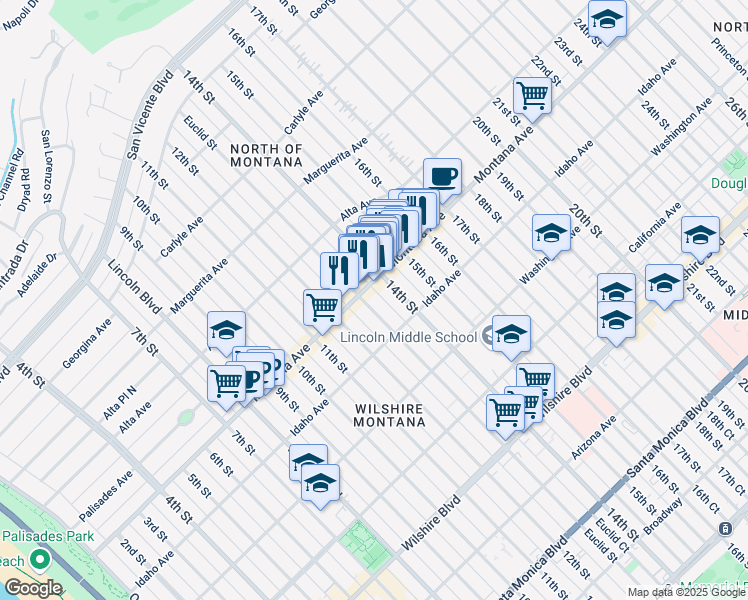 map of restaurants, bars, coffee shops, grocery stores, and more near in Santa Monica