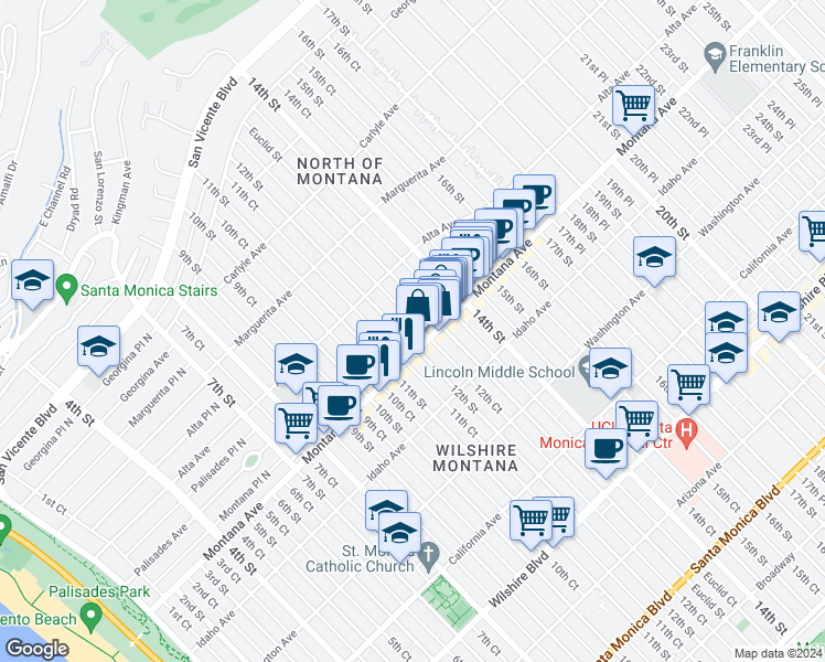 map of restaurants, bars, coffee shops, grocery stores, and more near 714 Euclid Street in Santa Monica