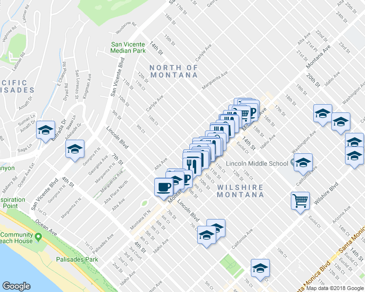 map of restaurants, bars, coffee shops, grocery stores, and more near 557 11th Street in Santa Monica