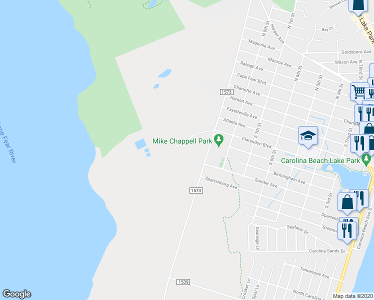 map of restaurants, bars, coffee shops, grocery stores, and more near 501 Dow Road South in Carolina Beach