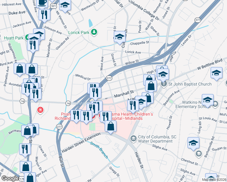 map of restaurants, bars, coffee shops, grocery stores, and more near 1913 Liberty Street in Columbia