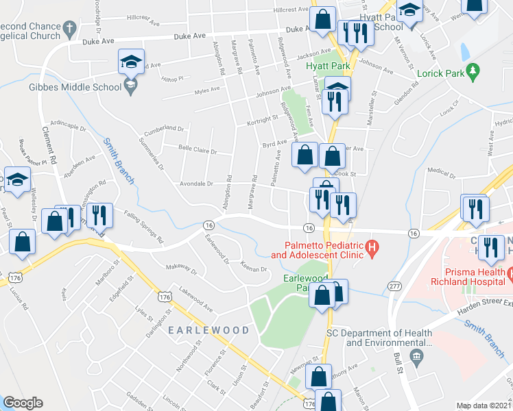 map of restaurants, bars, coffee shops, grocery stores, and more near 810 Avondale Drive in Columbia