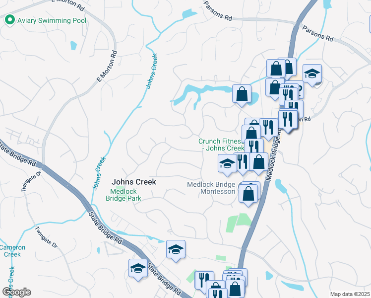 map of restaurants, bars, coffee shops, grocery stores, and more near 10400 Groomsbridge Road in Alpharetta