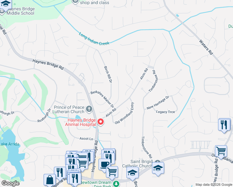 map of restaurants, bars, coffee shops, grocery stores, and more near 214 Birch Rill Drive in Alpharetta