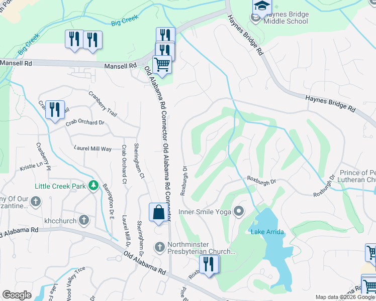 map of restaurants, bars, coffee shops, grocery stores, and more near 2490 Roxburgh Drive in Roswell