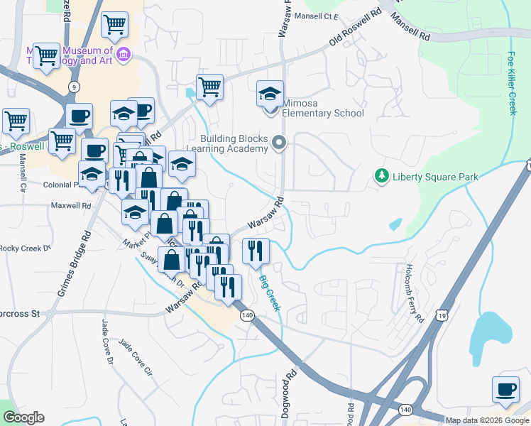 map of restaurants, bars, coffee shops, grocery stores, and more near 1260 Warsaw Road in Roswell