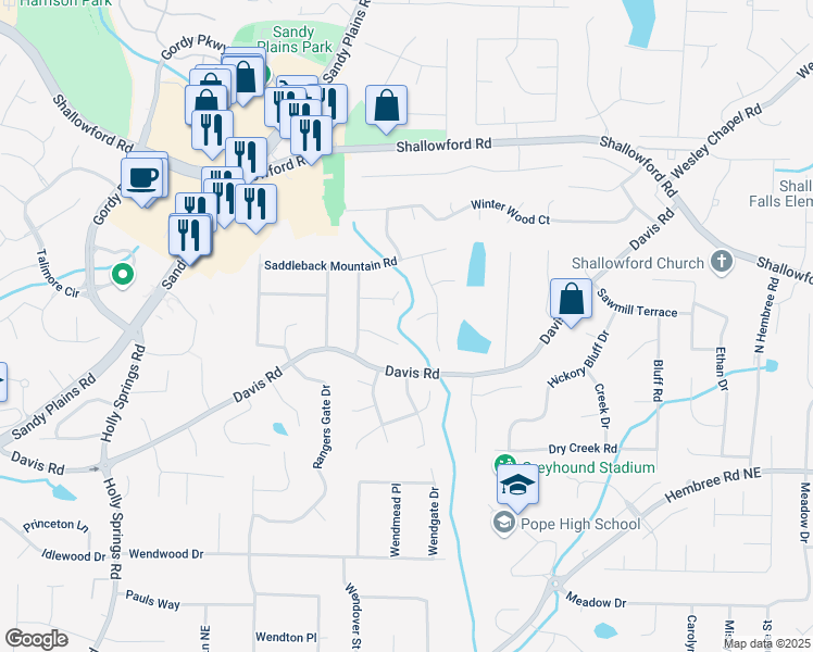 map of restaurants, bars, coffee shops, grocery stores, and more near 3214 Woodleaf Court in Marietta