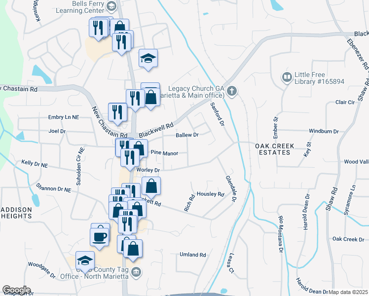 map of restaurants, bars, coffee shops, grocery stores, and more near 940 Ballew Drive in Marietta