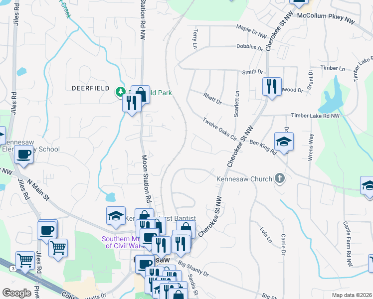 map of restaurants, bars, coffee shops, grocery stores, and more near 1075 Travelers Trail in Kennesaw