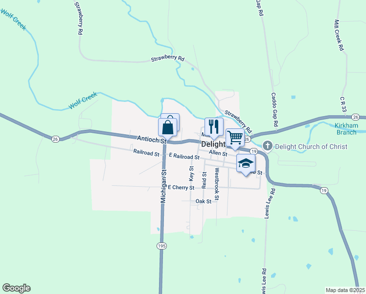 map of restaurants, bars, coffee shops, grocery stores, and more near 207 Antioch Street in Delight