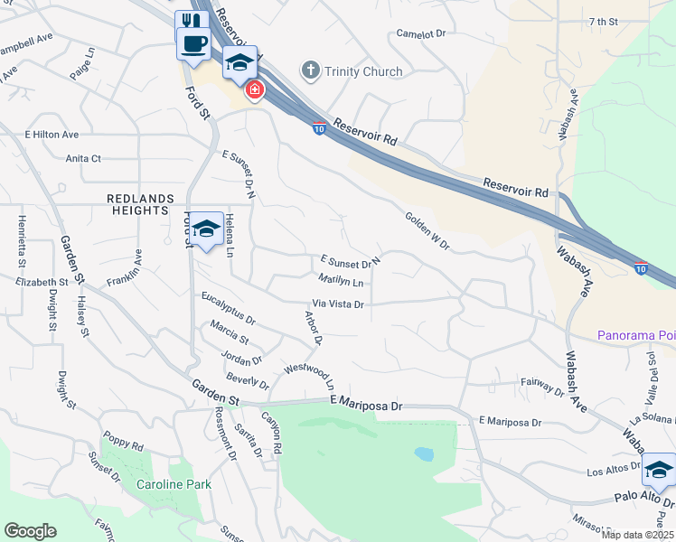 map of restaurants, bars, coffee shops, grocery stores, and more near 515 Marilyn Lane in Redlands