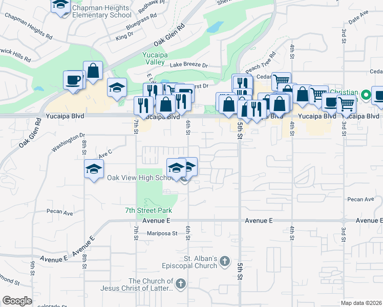 map of restaurants, bars, coffee shops, grocery stores, and more near 12239 6th Street in Yucaipa