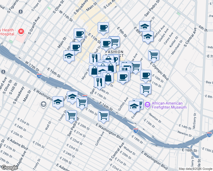 map of restaurants, bars, coffee shops, grocery stores, and more near 730E East 14th Street in Los Angeles