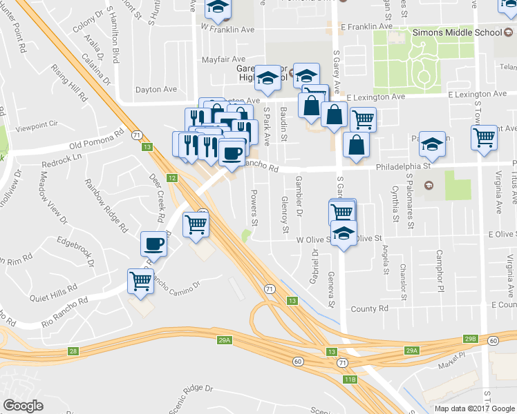 map of restaurants, bars, coffee shops, grocery stores, and more near 2204 Powers Street in Pomona