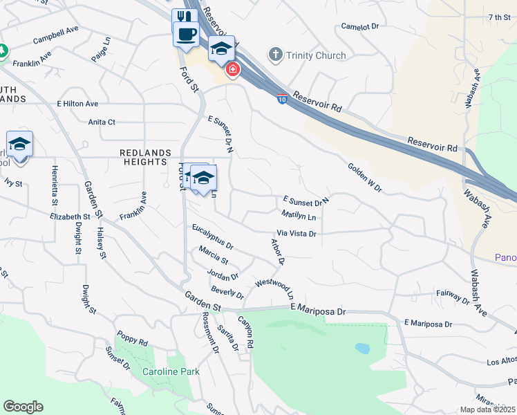 map of restaurants, bars, coffee shops, grocery stores, and more near 435 Marilyn Lane in Redlands