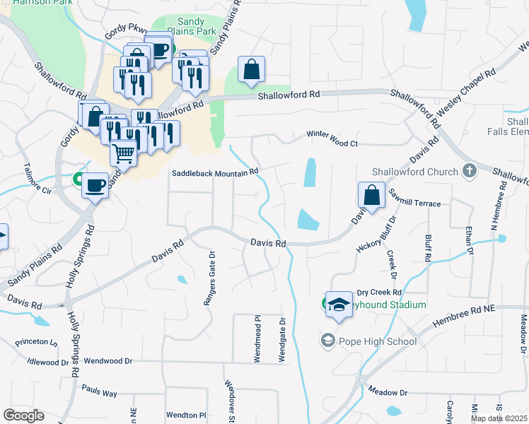 map of restaurants, bars, coffee shops, grocery stores, and more near 3214 Woodleaf Court in Marietta