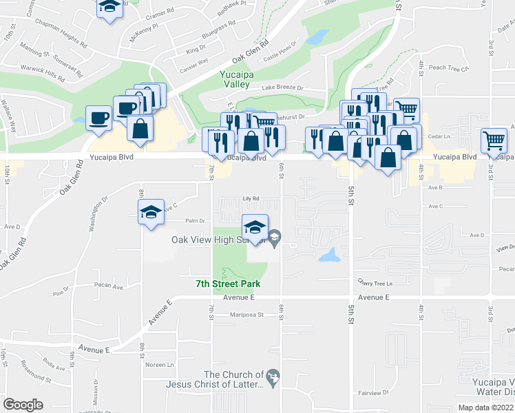 map of restaurants, bars, coffee shops, grocery stores, and more near 34041 Lily Road in Yucaipa