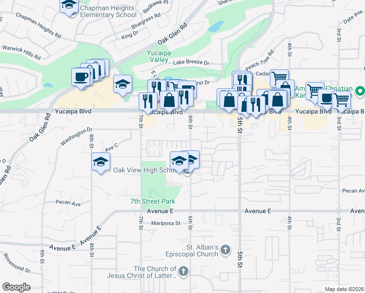 map of restaurants, bars, coffee shops, grocery stores, and more near 34075 Lily Road in Yucaipa