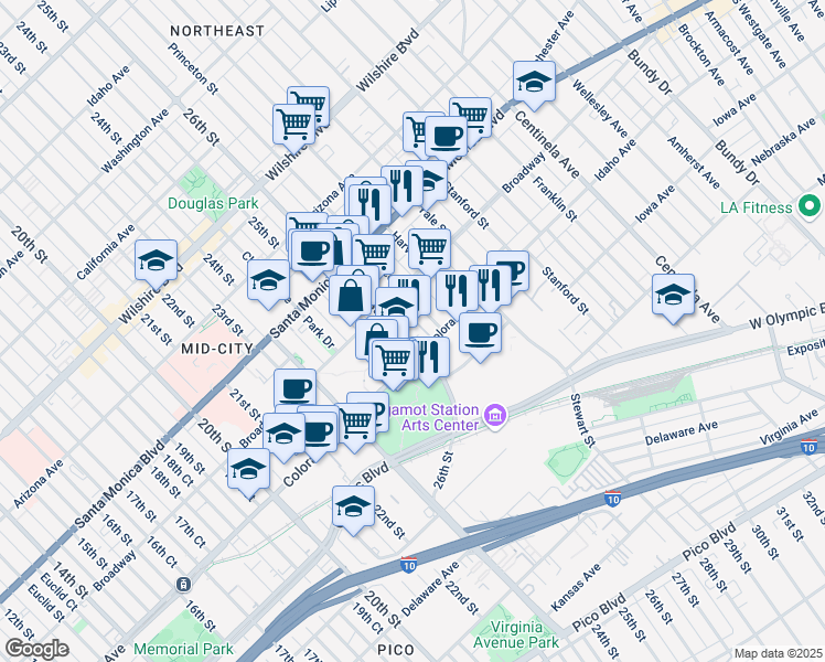 map of restaurants, bars, coffee shops, grocery stores, and more near 1524 Princeton Street in Santa Monica