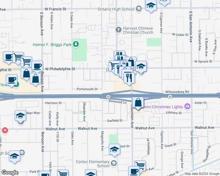 map of restaurants, bars, coffee shops, grocery stores, and more near 2321 South Magnolia Avenue in Ontario