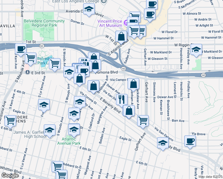 map of restaurants, bars, coffee shops, grocery stores, and more near 287 South Oakford Drive in East Los Angeles