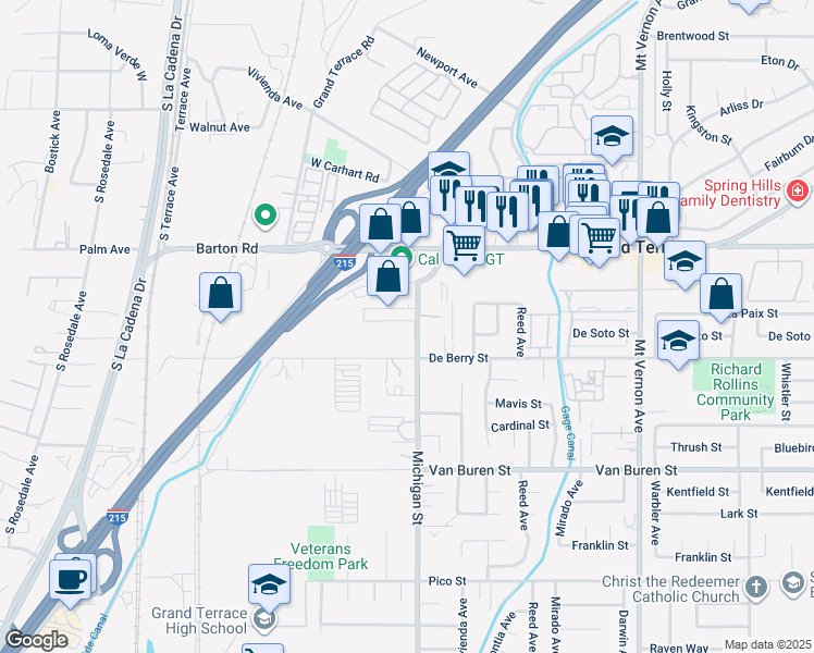 map of restaurants, bars, coffee shops, grocery stores, and more near 12238 Michigan Street in Grand Terrace