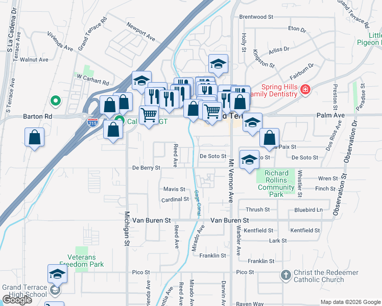 map of restaurants, bars, coffee shops, grocery stores, and more near 22326 Blue Lupine Circle in Grand Terrace