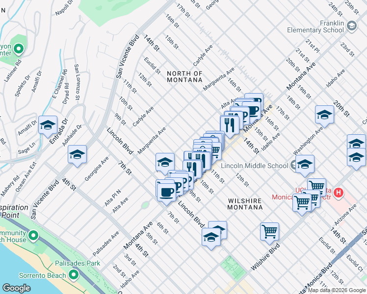 map of restaurants, bars, coffee shops, grocery stores, and more near 557 11th Street in Santa Monica