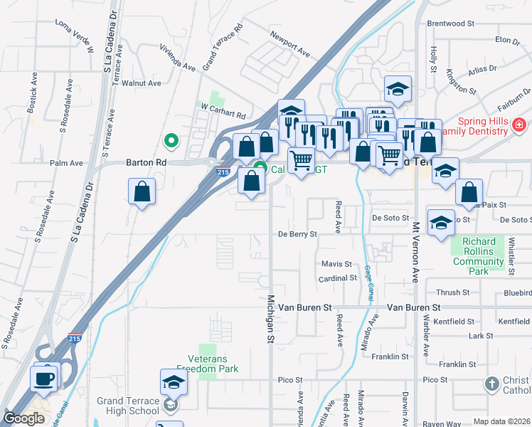 map of restaurants, bars, coffee shops, grocery stores, and more near 12238 Michigan Street in Grand Terrace