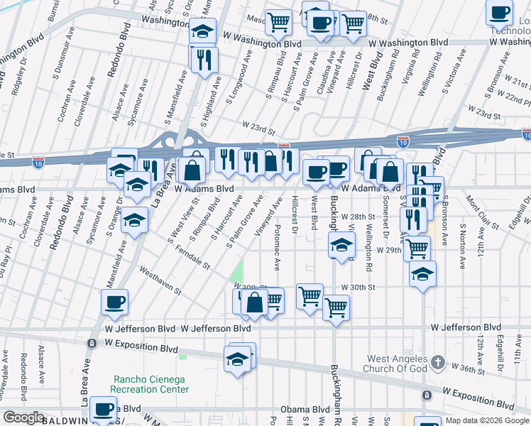 map of restaurants, bars, coffee shops, grocery stores, and more near 2653 Vineyard Avenue in Los Angeles