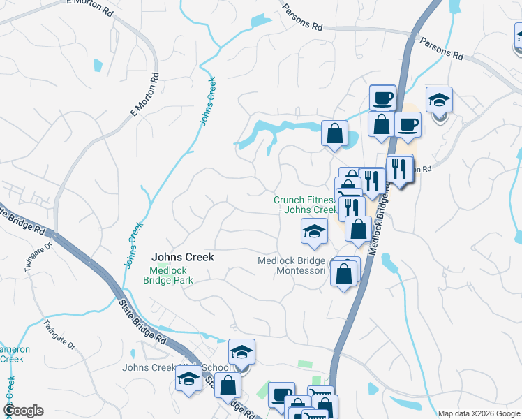 map of restaurants, bars, coffee shops, grocery stores, and more near 610 Lake Medlock Court in Alpharetta
