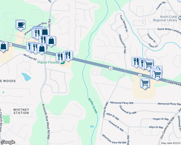 map of restaurants, bars, coffee shops, grocery stores, and more near 3954 Cyrus Crest Circle Northwest in Kennesaw