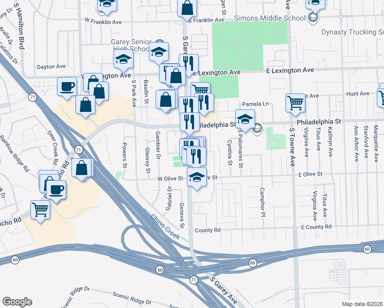 map of restaurants, bars, coffee shops, grocery stores, and more near 2187 Moonstone Court in Pomona