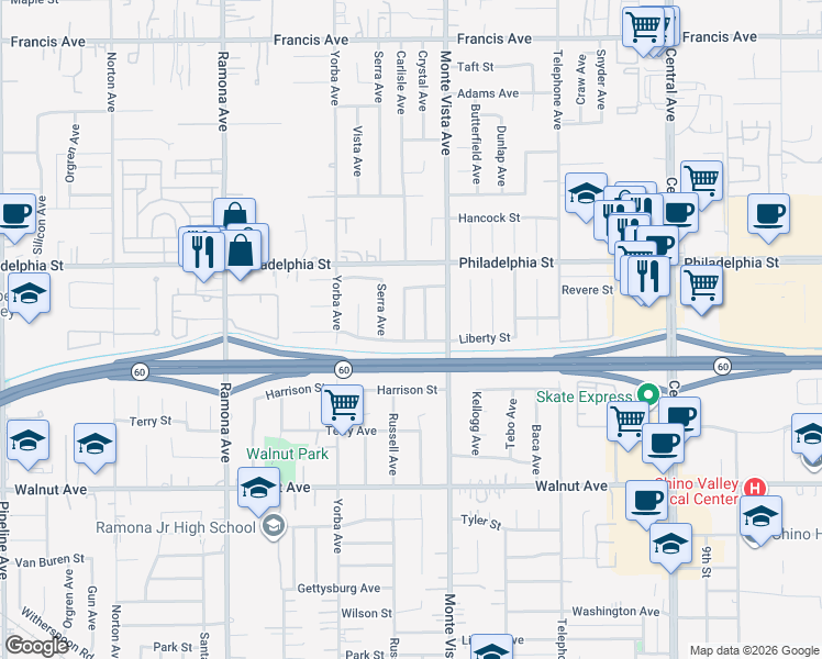 map of restaurants, bars, coffee shops, grocery stores, and more near 12185 Crystal Avenue in Chino
