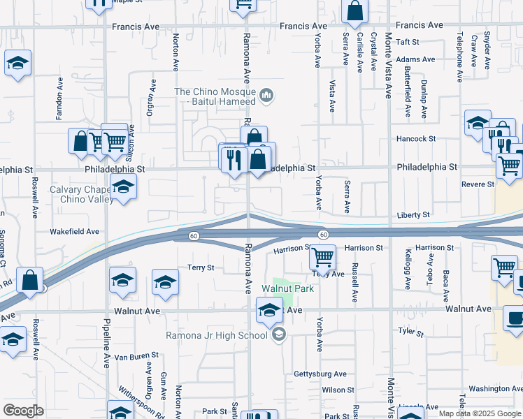 map of restaurants, bars, coffee shops, grocery stores, and more near 12175 Ramona Avenue in Chino