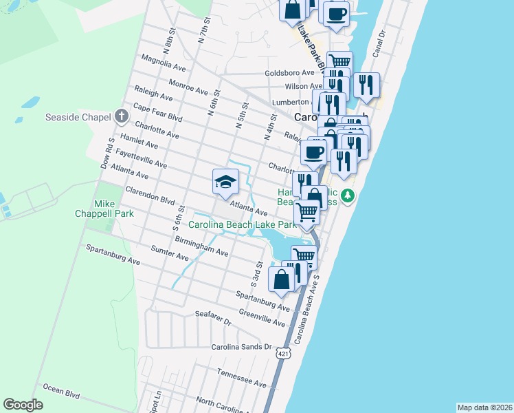 map of restaurants, bars, coffee shops, grocery stores, and more near 314 Fayetteville Avenue in Carolina Beach