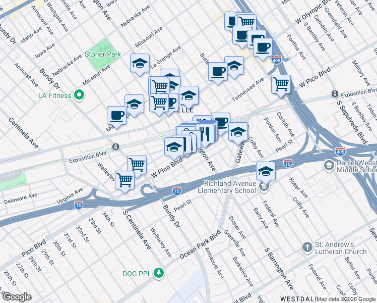 map of restaurants, bars, coffee shops, grocery stores, and more near in Los Angeles