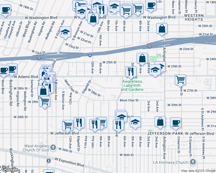 map of restaurants, bars, coffee shops, grocery stores, and more near 3759 West 27th Street in Los Angeles