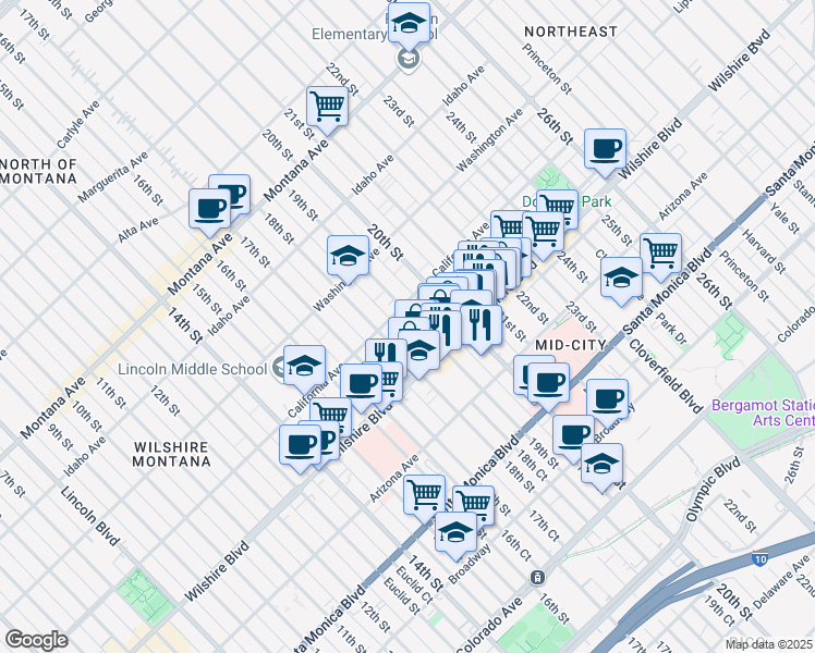 map of restaurants, bars, coffee shops, grocery stores, and more near 1118 19th Street in Santa Monica