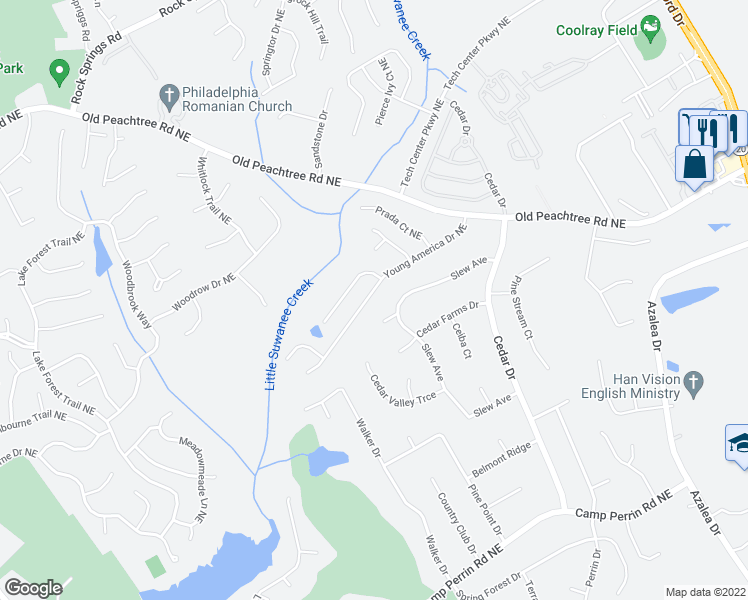 map of restaurants, bars, coffee shops, grocery stores, and more near 2307 Young America Drive Northeast in Lawrenceville